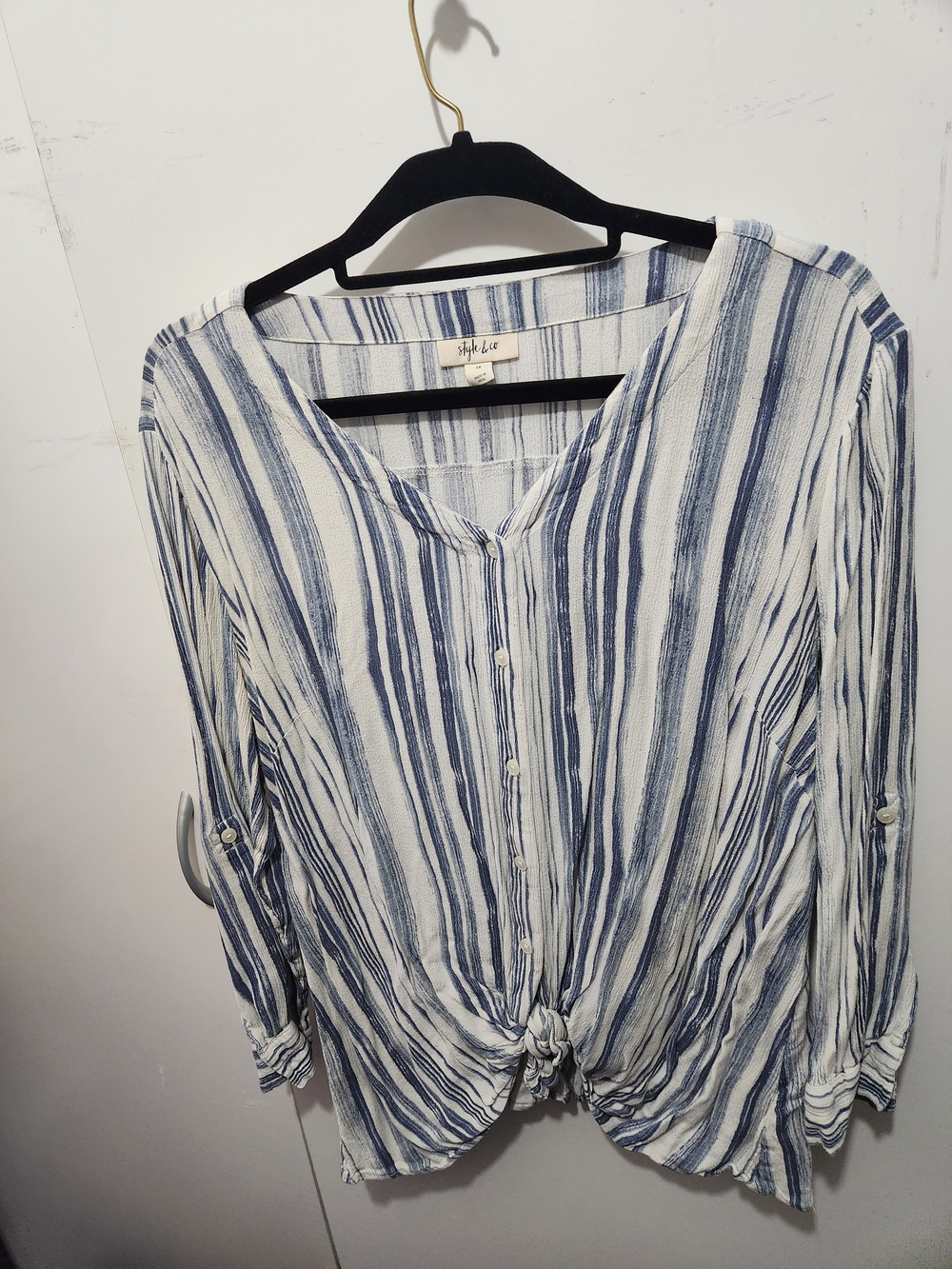 Style & Co. Blue and White Striped Button-Front Tie Hem Top